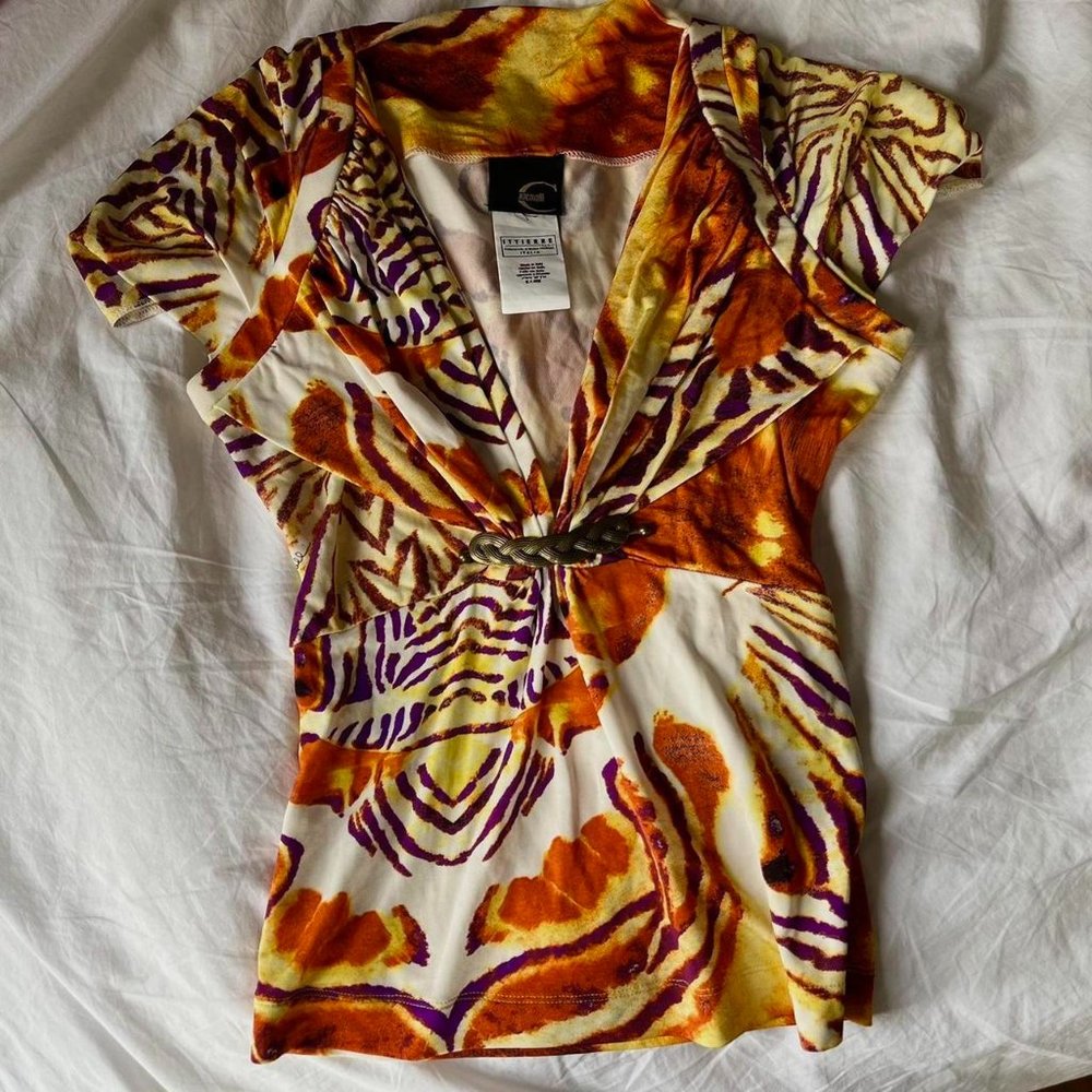 Animal Print Blouse Top with Gold Pin